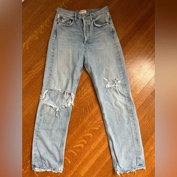 Agolde High-Rise Light Blue Distressed Jeans - Picture 2 of 2